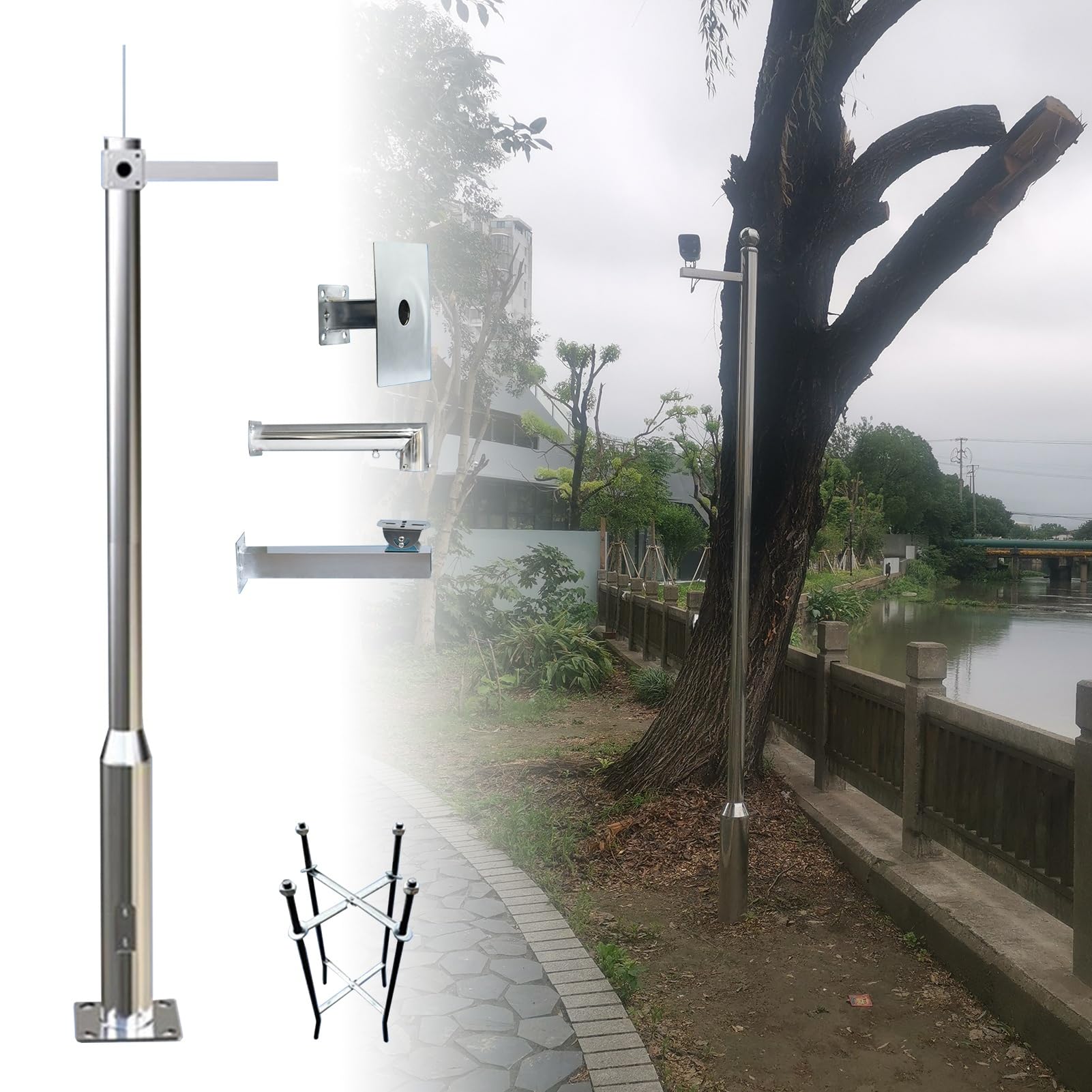 MRVAKDYDI Weatherproof Steel Surveillance Post, Stainless Steel Security Camera Pole Mount 2-6m(2.5m(8.2ft/2 Sections))