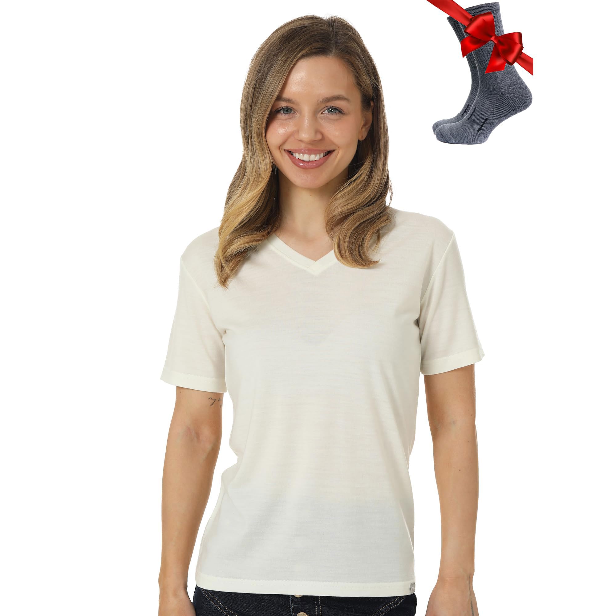 100% Merino Shirt Women's V-Neck Merino Underwear Women's Sports Shirt Hiking Shirt Quick Drying Breathable Anti Sweat-image-11