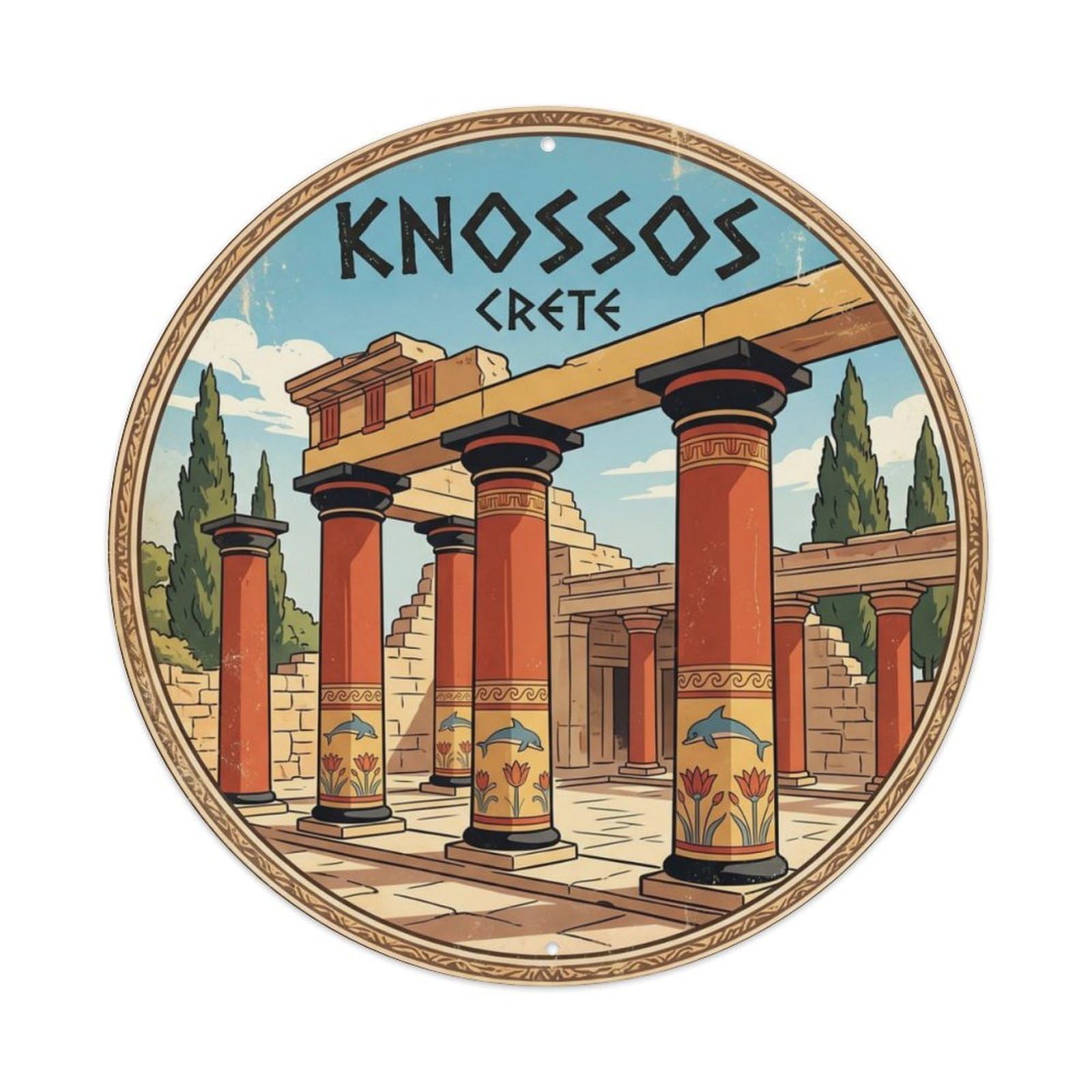 Vintage Travel Knossos Crete Palace Metal Tin Sign Plaque Wall Decor for Cafe, Club Bar, Office, Home Garden Round Metal Poster 8x8Inch