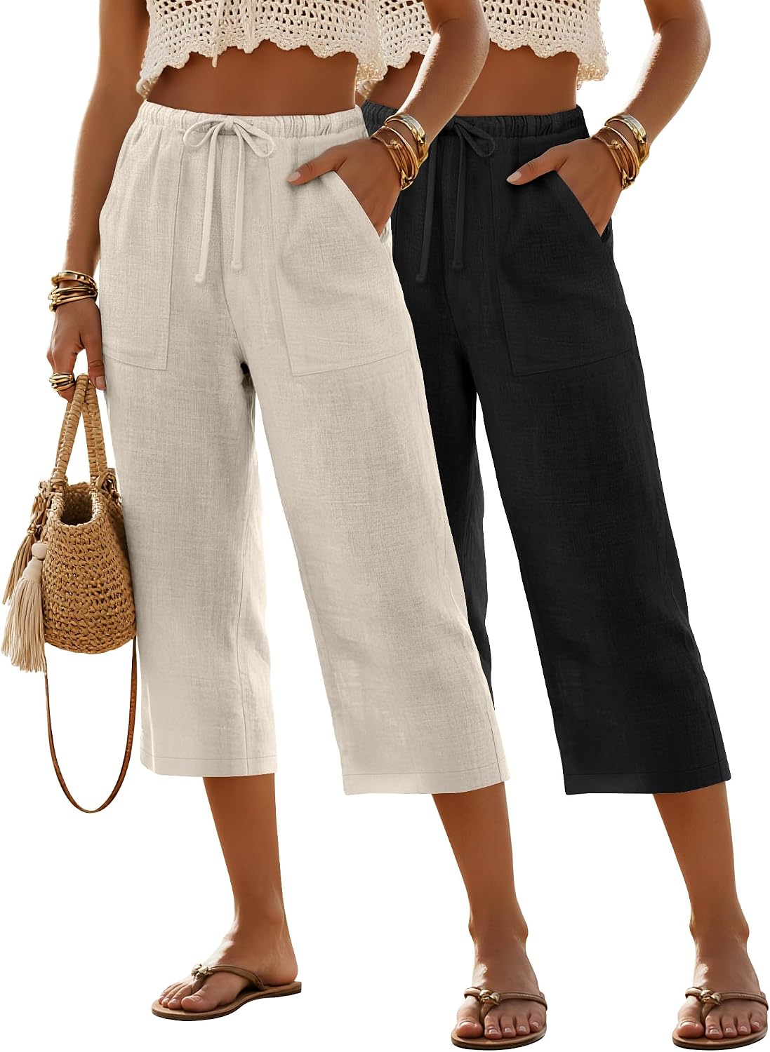 Xaatren 2 Pack Women's Linen Capri Pants Summer Drawstring Wide Leg Crop Pants Ladies Lightweight Beach Trousers with Pocket