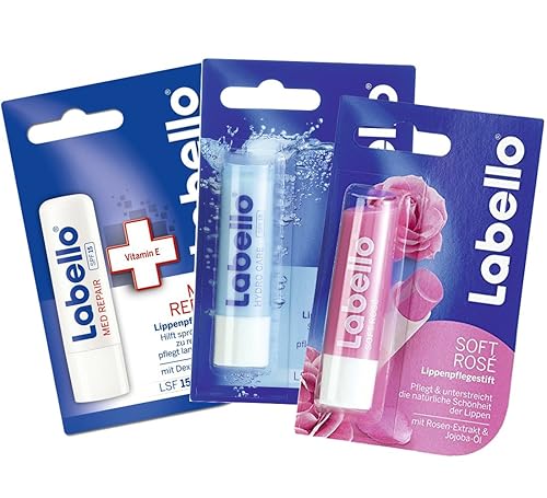 Labello 1 protección médica, 1 Hydro Care, 1 paquete de bálsamo labial de rosa suave