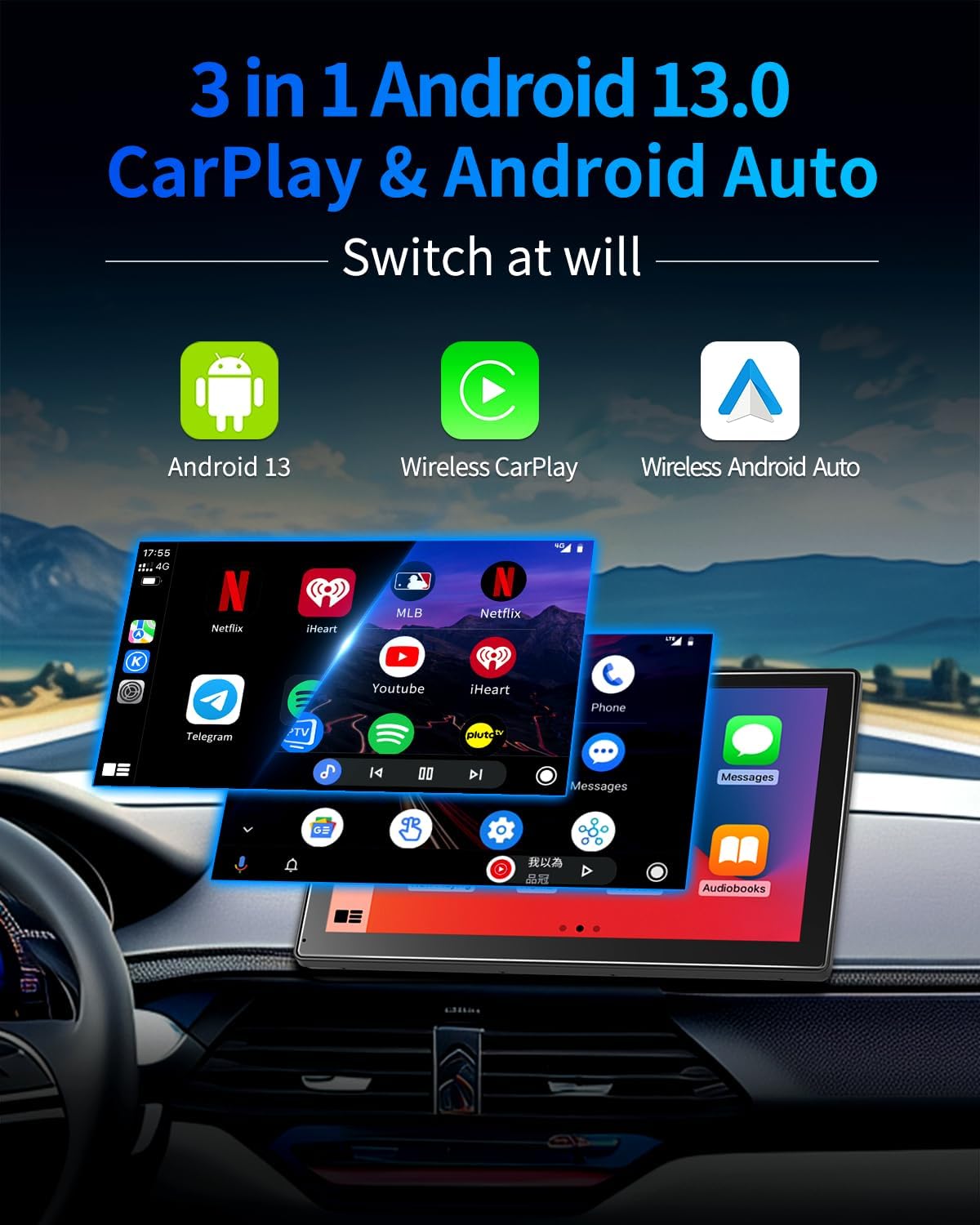 Imagebon Carplay Screen showing Android 13, Wireless CarPlay, and Wireless Android Auto options