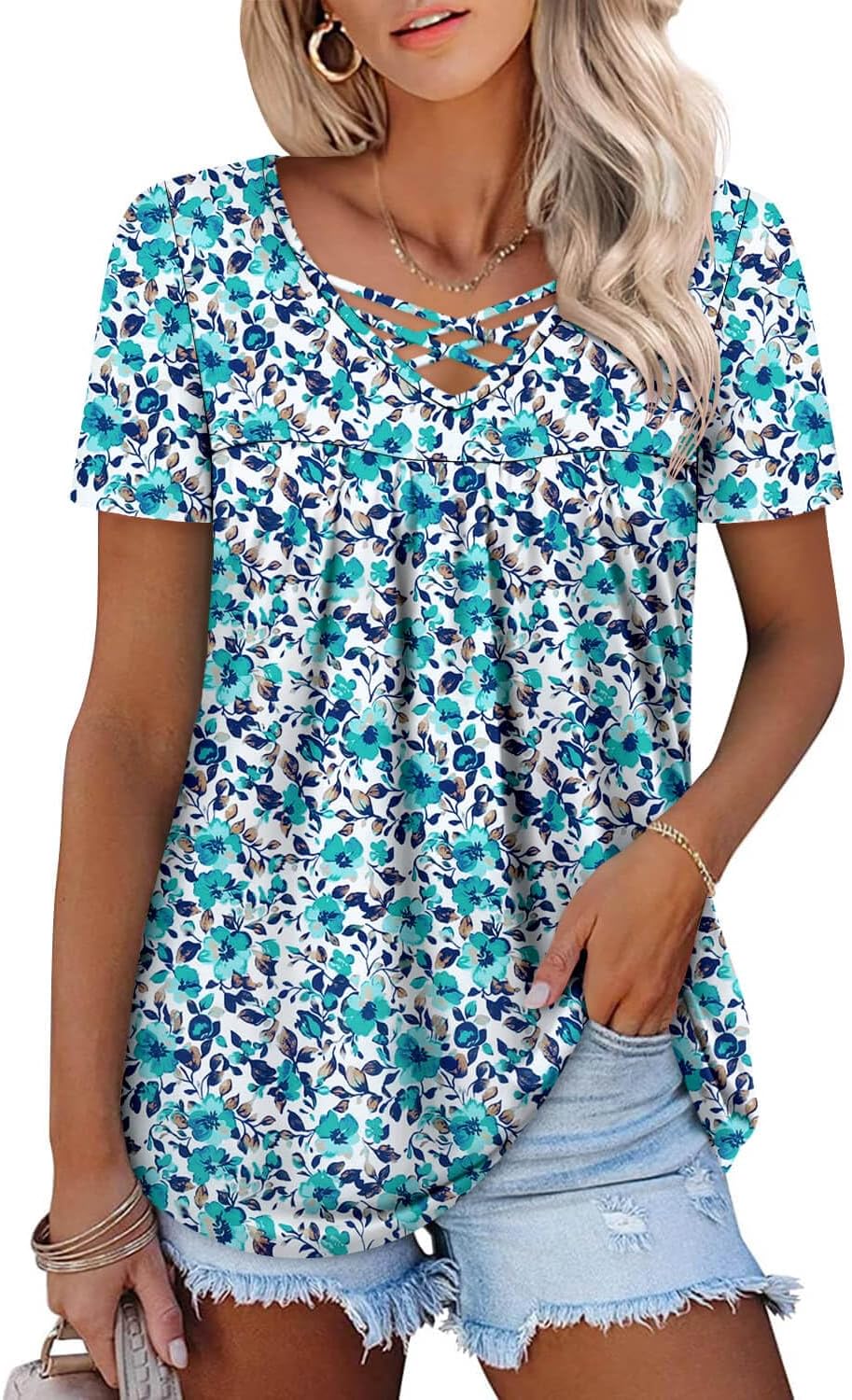 ONLYSHE Womens Summer Short Sleeve Shirts V Neck Tops Casual Tunic Floral Ruffle Blouse