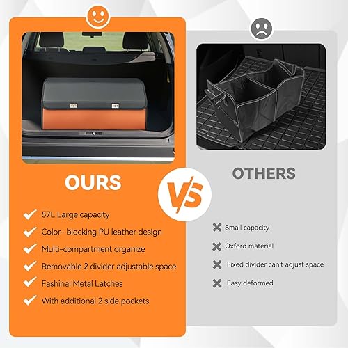 Miniatura 7 de Noaman Organizador de maletero de cuero para SUV, organizador de almacenamiento grande para maletero de automóvil con tapa y 2 divisores extraíbles,