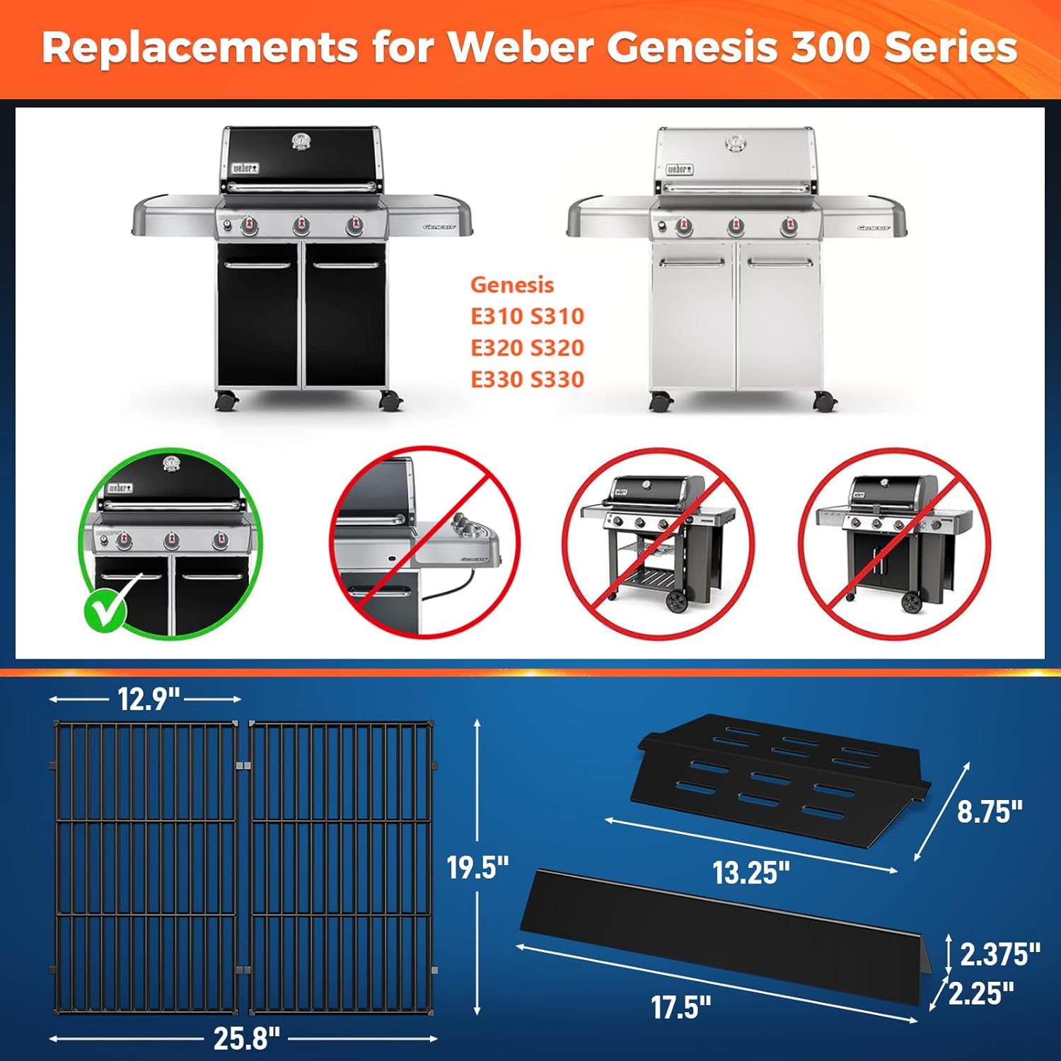 grill parts for weber genesis 300 series with front-mounted control, fits weber genesis e310 e320 e330 series grill, 19.5" grill grates 7524 + 17.5” flavorizer bars 7621 + heat deflector 7622 porcelain cast iron 7524 7621 7622