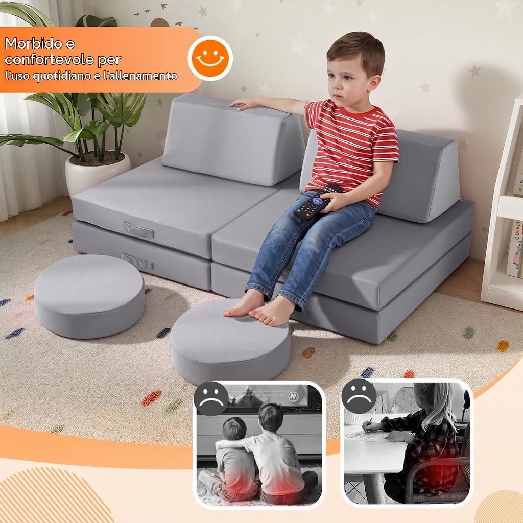 MeMoreCool Divano da gioco per bambini, poltrona modulare, per camera dei bambini, divano letto, 8 pezzi, divano in gommapiuma, con funzione di sonno, colore grigio
