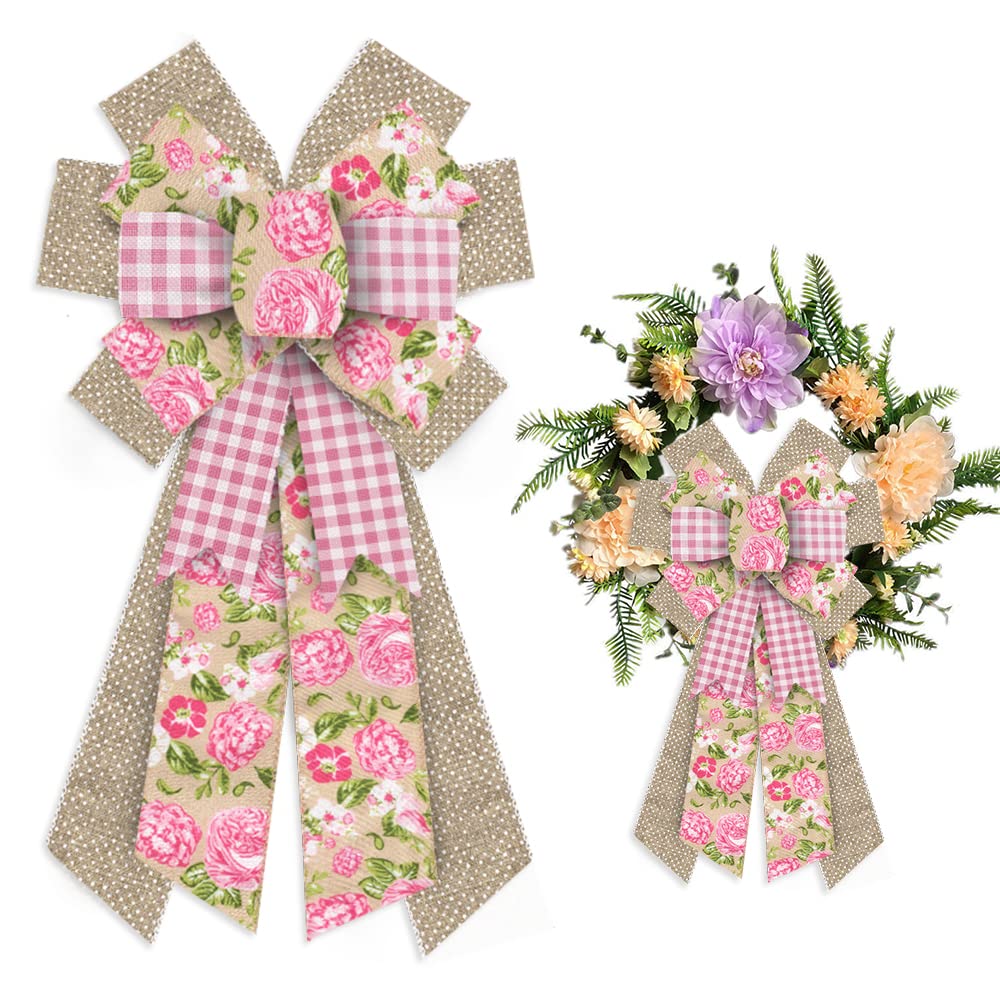 Large Spring Wreath Bows Pink Roses Flowers Burlap Bows for Wreath, Pink White Plaid Brown Ribbon Bows Spring Retro Flowers Decor Bows for Springtime