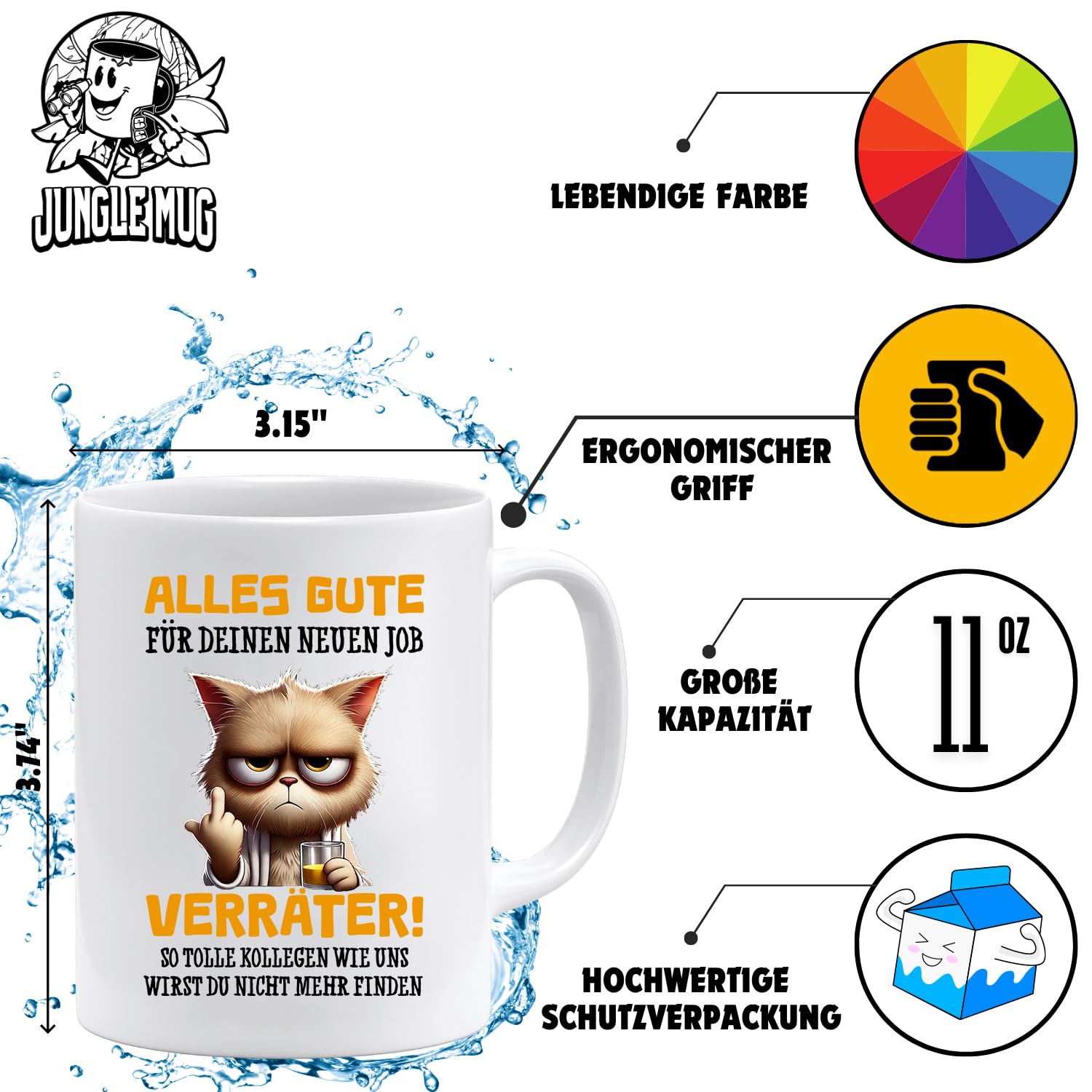 Jungle Mug Tazza con collega, scritta in lingua tedesca Alles Gute für Neuen Job Tasse | Divertente regalo di addio ai colleghi | Regalo di addio – Cambio di lavoro regalo per