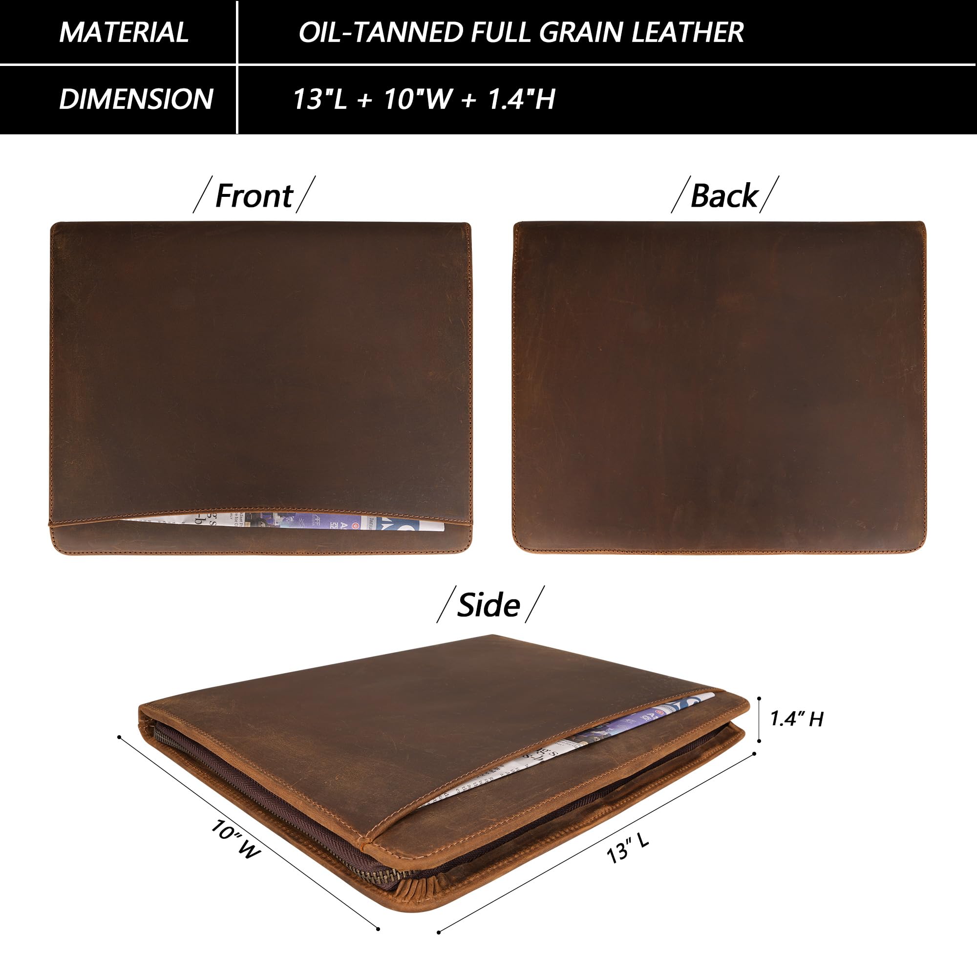 JinRuiKJ Carpeta de cuero para hombres, carpeta de negocios para A4/bloc, organizador de carpetas de cuero con soporte para bloc de notas, ranuras para tarjetas, lazo para bolígrafo, 10 x 13 pulgadas,