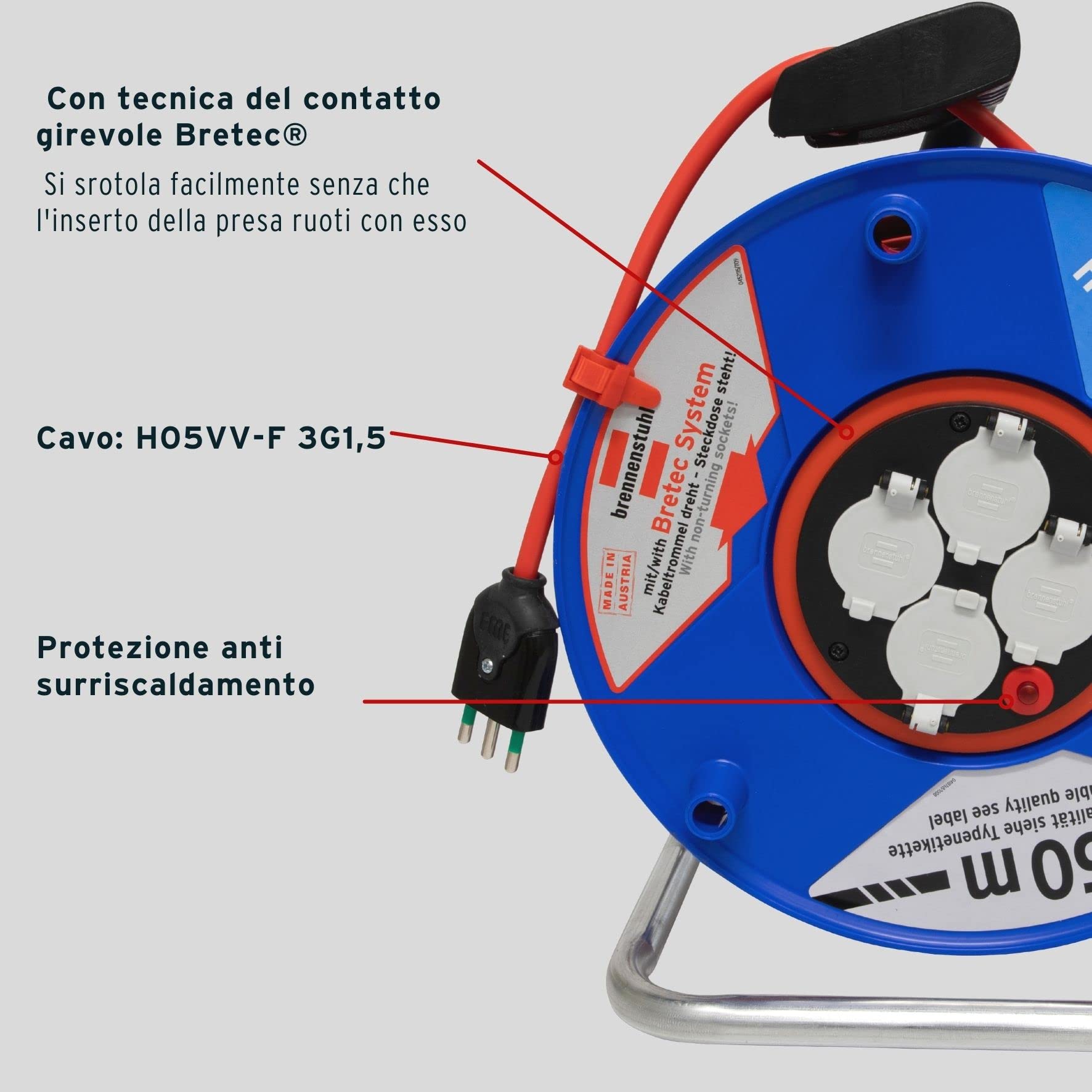 Brennenstuhl Garant Enrouleur de câble avec prises multiples Rallonge d'extérieur avec câble électrique et fiche Schuko et italienne