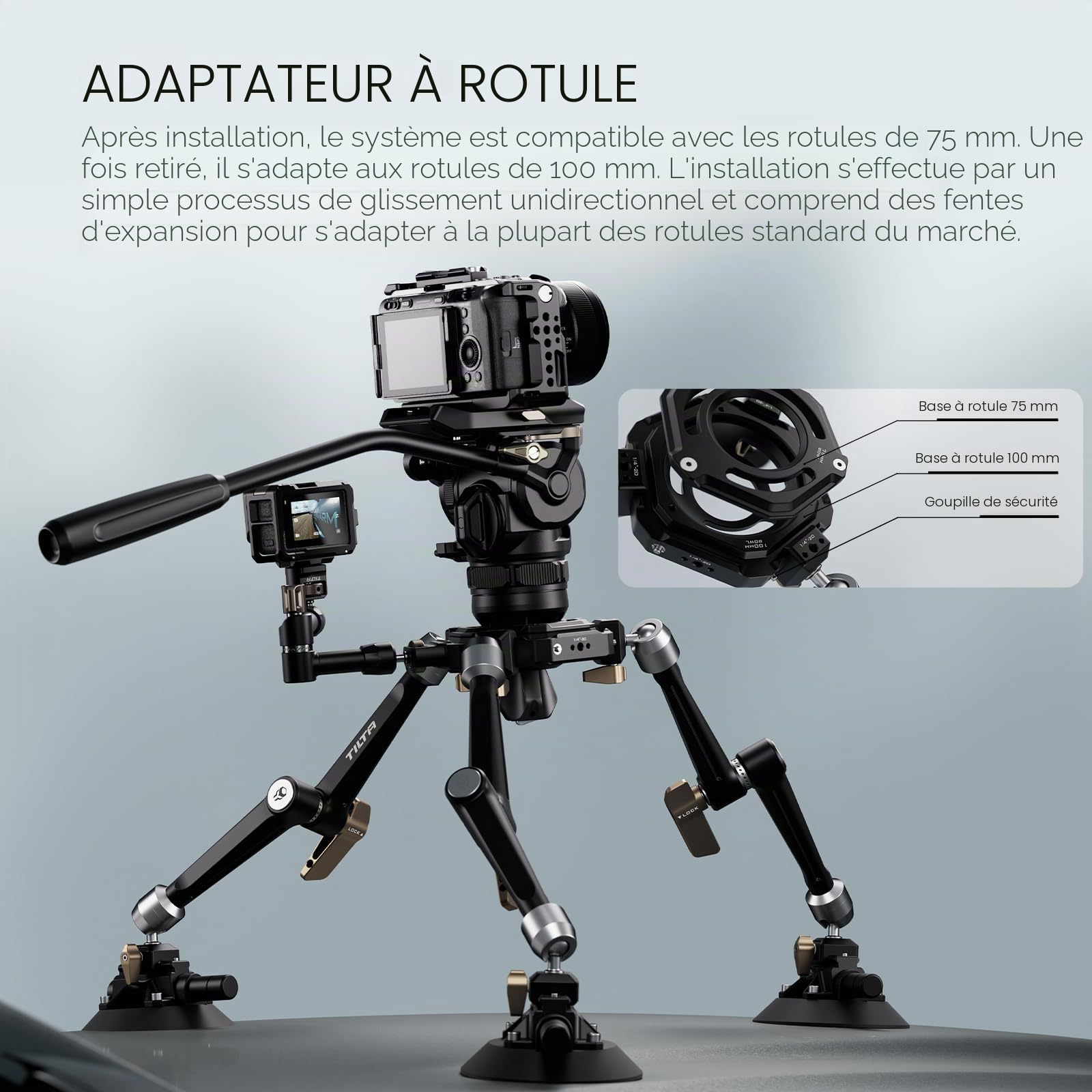 Tilta Hydra Système de montage articulé pour voiture avec ventouse 6'' avec rail NATO, bras articulé et plaque d'extension Manfrotto à dégagement rapide, charges utiles jusqu'à 44 lbs HDA-T11