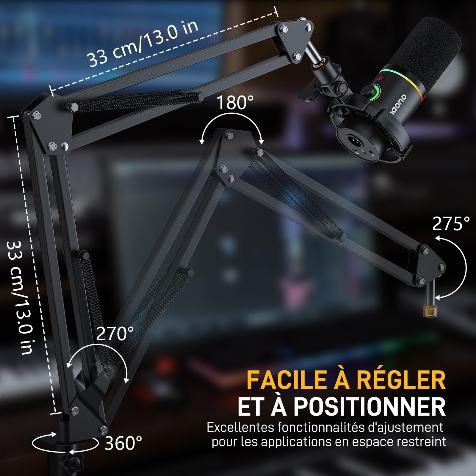 MAONO Bras Micro, Bras de Micro métallique réglable pour podcasts, jeux, streaming et enregistrement, avec pince de bureau, 3/8'' vers 5/8'' Vis Adaptateur, capacité maximale de 1 kg, BA20 Noir