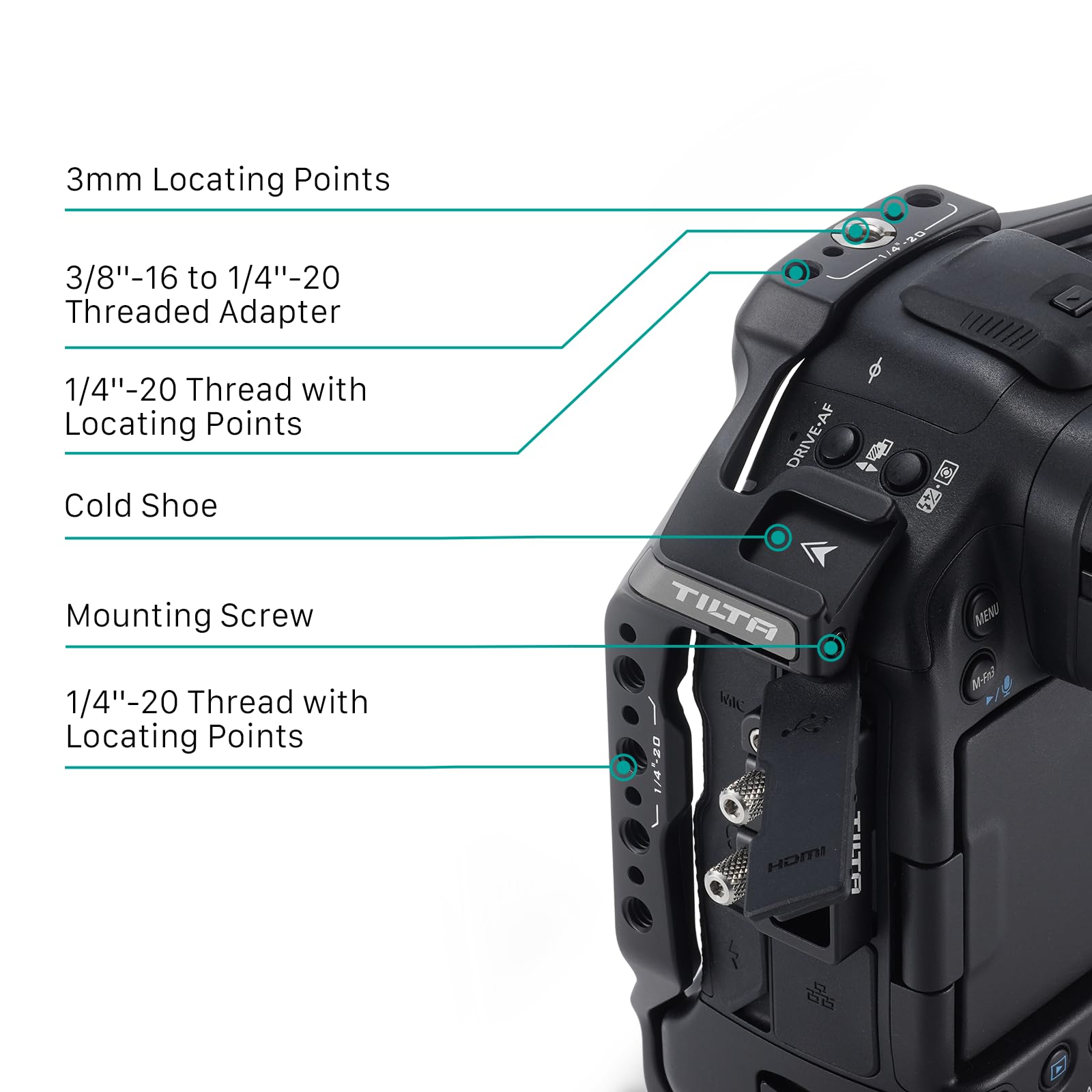 Tilta Jaula R1, Kit Básico de Jaula para Cámara Compatible con R1 con Asa Superior, Abrazadera para Cable USB-C, Roscas de 1/4″-20, Receptor de Zapata Fría - Negro TA-T78-A-B