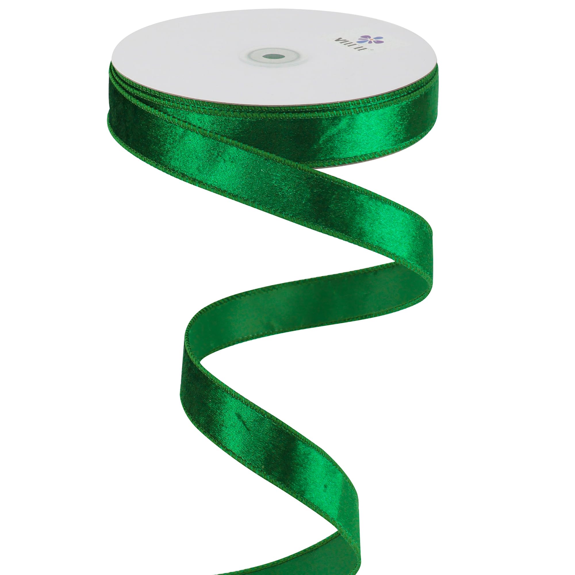 MEEDEE Emerald Green Velvet 1 Inch Green Wired Ribbon 25 Yards Crushed Christmas Velvet Ribbon for Christmas Tree, Wreaths Supplies, Topper Bows