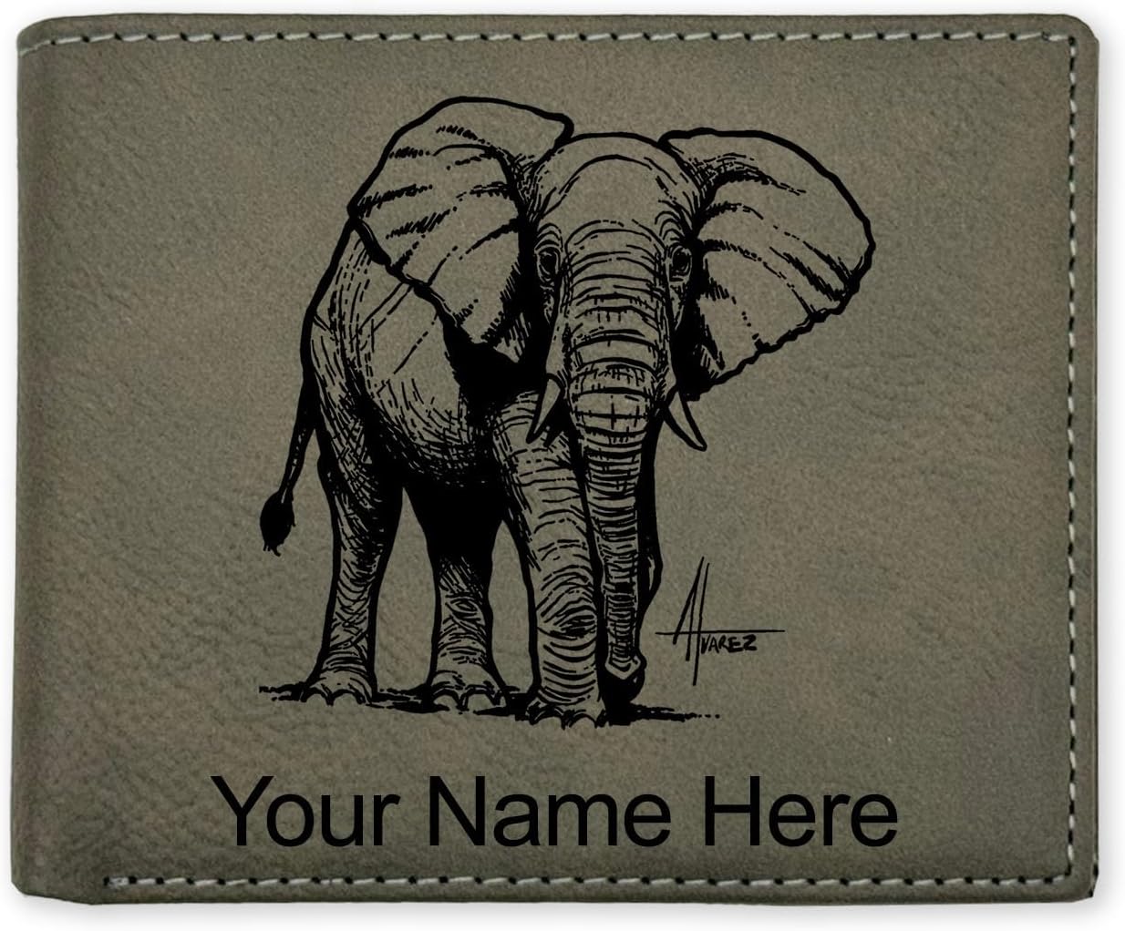 LaserGram Faux Leather Bi-Fold Wallet, African Elephant, Personalized Engraving Included (Camo Green)