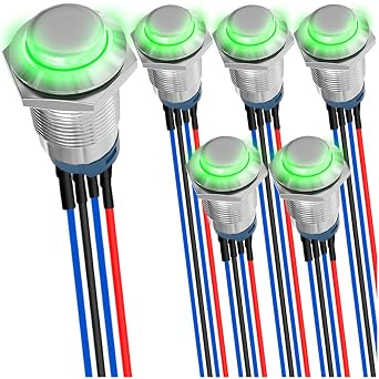 6Pcs 12mm Latching Green LED Push Button Switch DC 12V 3A Sliver Shell 1NO 1Normally SPST IP65 Waterproof Self-Locking Round Metal Switch Stainless Steel Button with Pre-Wiring for Car Boat