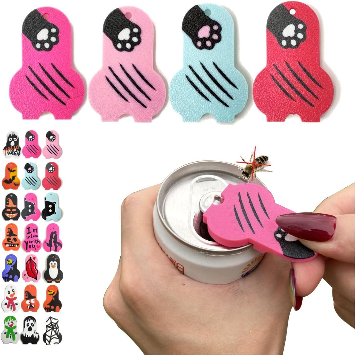 4Pc Soda Can Opener and Cover,Easy Soda Tab Opener with Stylish Drink Protectors for Long Nails,Reusable Beverage Barricade for Camping,BBQ,Party Muticolor Cat Paw