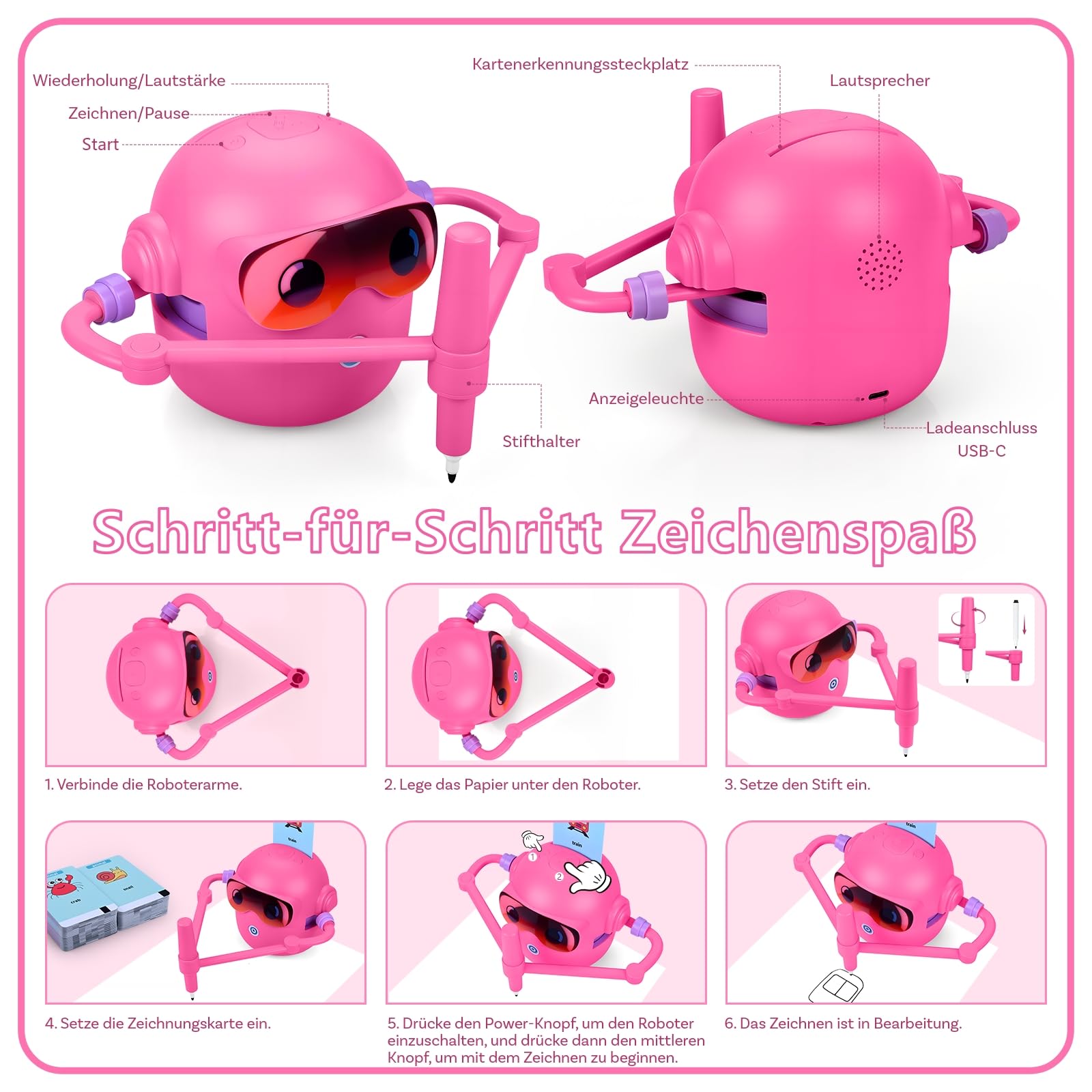 Zeichenroboter für Kinder von MMOBIEL – Malroboter Interaktives Lernspielzeug mit 100 Zeichenkarten, Sprachanleitung, 12 Farbstiften & USB-C Akku – Kreatives Geschenk für Kinder von 3–9 Jahren – Rosa
