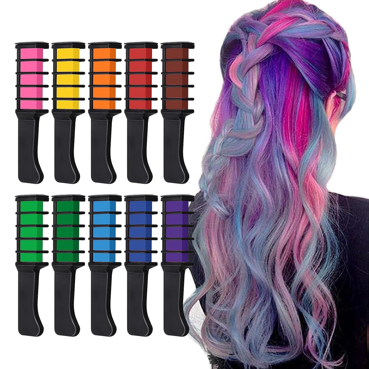 YHRY Hair Chalk Comb, 10 Colors Temporary Hair Dye DIY Paint, Non-Toxi, Safe, Washable, Hair Dyeing Comb for Girls Kids Carnival Birthday Halloween Christmas Cosplay Party Valentine's Day