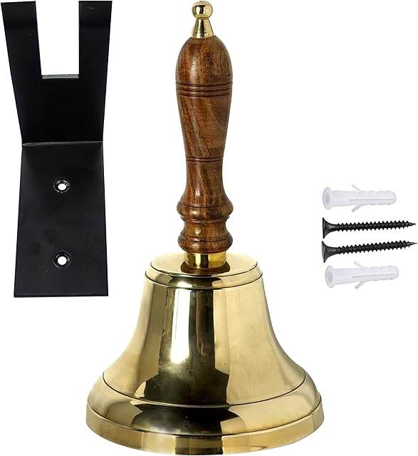 ARSUK Hand Bell for Adults, Wooden Handle Large Ringing Call Bells for Sick Person, Seniors, Teachers, Patients, Wedding, Santa, Christmas, Services 23.8 x 10.7 x 10.5, 240gm (4" Brass)