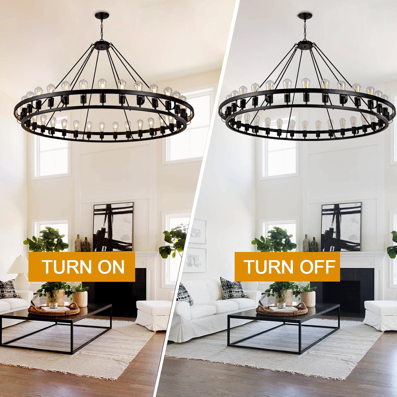 55.37 Inch Black Wagon Wheel Chandelier, 32 Light Wagon Wheel Light Fixture Extra Large Black Chandelier, Outdoor Chandeliers for Porch Round Large Chandeliers for High Ceilings Living Room