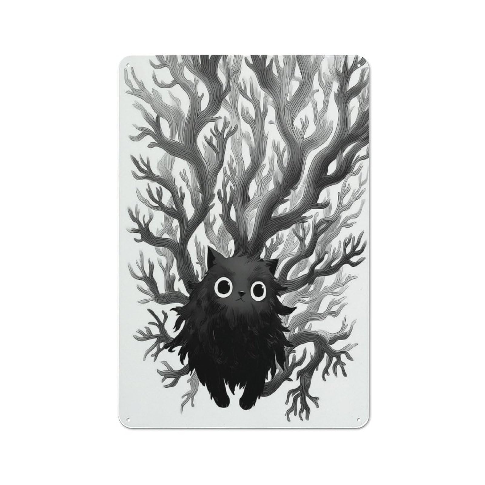 Junmoney Style-19 Black Cat With Tree Branch Crown Classic Metal Wall Decor 30X20cm, Office Metal Sign For Workspace, Cafe, Shop Or Desk Area