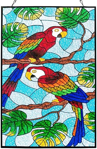 Colgantes de ventana de cristal de 15.2 pulgadas, diseño de pájaro loro, plantas tropicales, pintadas a mano, paneles de vidrieras con cadena