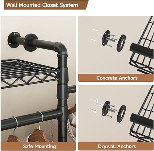 Miniatura 8 de Perchero para colgar en la pared, perchero industrial de metal con 2 varillas expandibles para colgar y 6 estantes, organizadores de armario y Negro