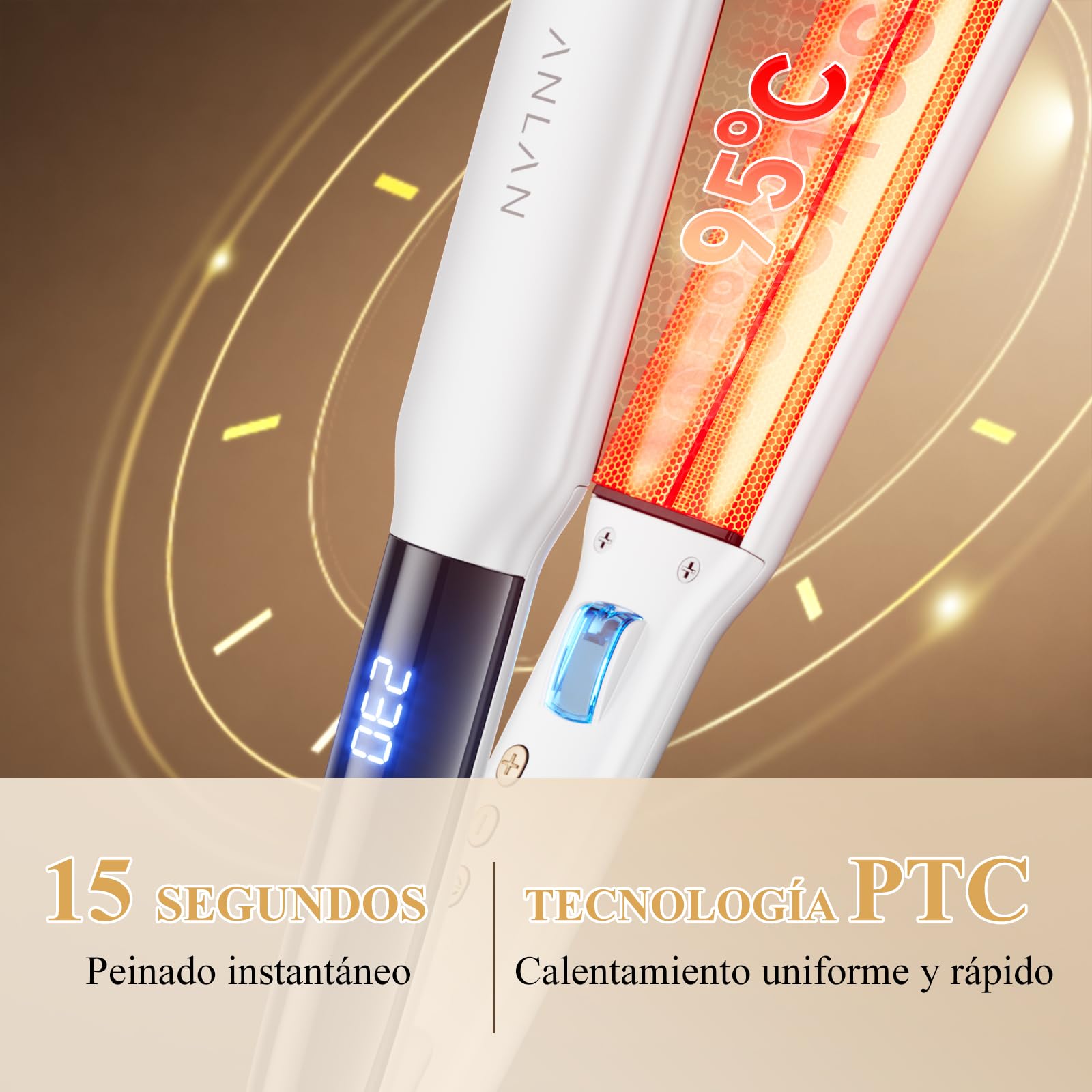 ANLAN Plancha de pelo iónica con luz roja, placas cerámicas flotantes 3D de 36 mm, Rápido 15s, 14 niveles, pantalla LCD, profesional e inteligente