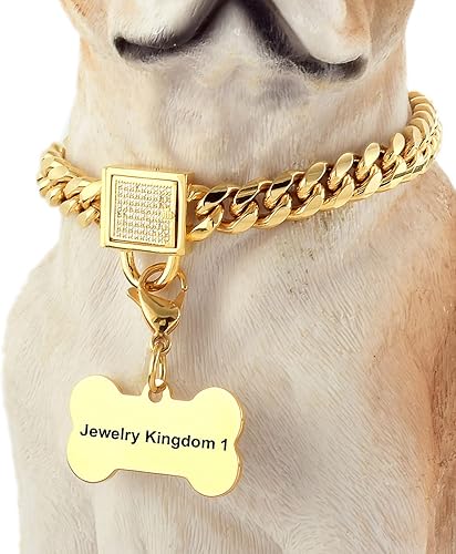 Collar de cadena de perro dorado con hebilla segura con piedras de circonita cúbica hielo y etiqueta de perro de 18 quilates de metal inoxidable