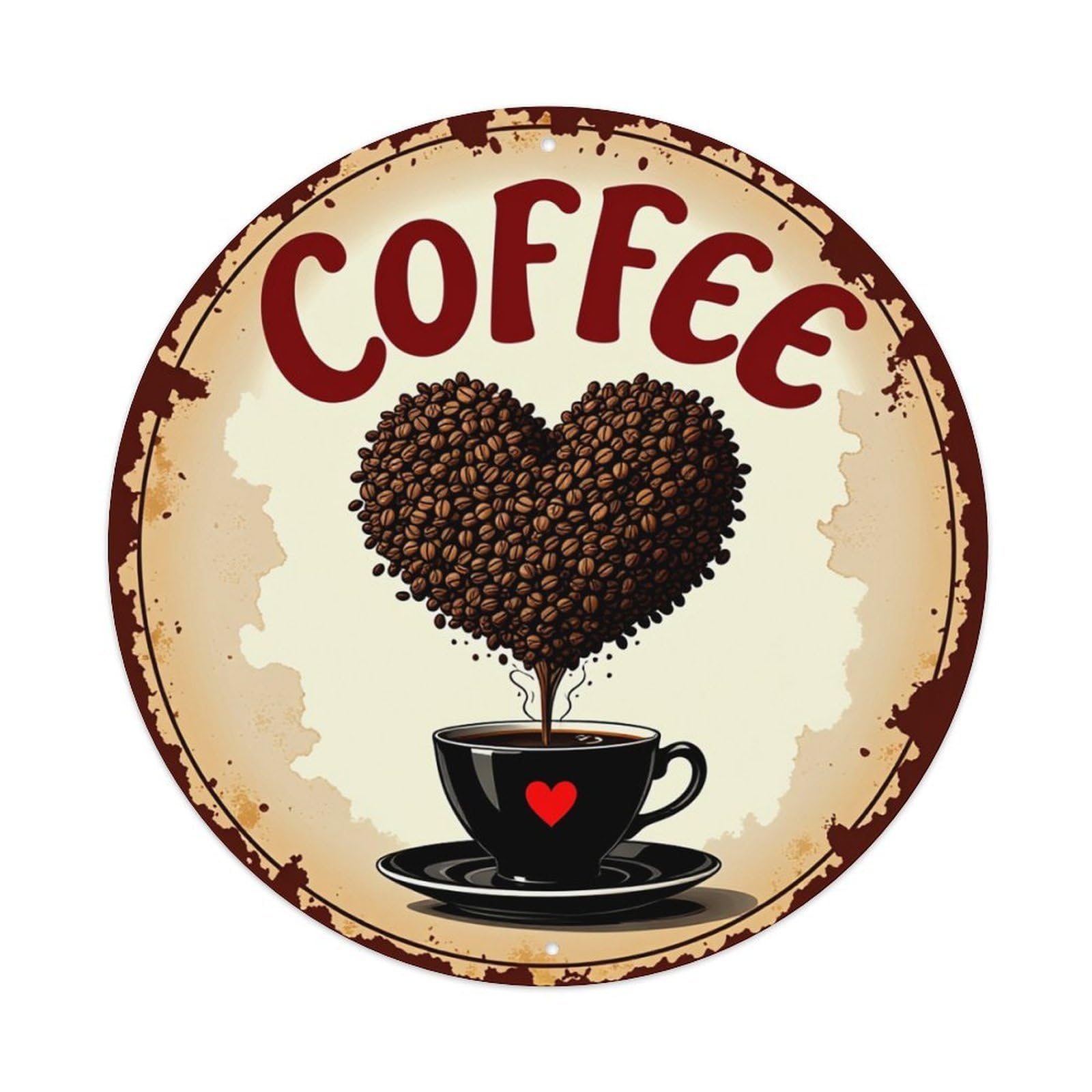 Coffee Heart Beans Cup Love Round Tin Sign Retro Metal Sign for Cafe Bar Pub Home Game Room Gym Club Wall Decoration Vintage Metal Poster 8x8 Inch