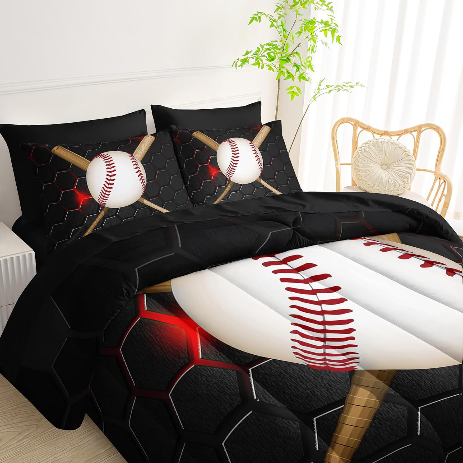 QOOMO Baseball 7 Pieces Comforter Set Full Size,Honeycomb Bedding Set for Kids-Include 1 Comforter,1 Fitted Sheet,1 Flat Sheet,2 Printing Pillowcases and 2 Black Pillowcases