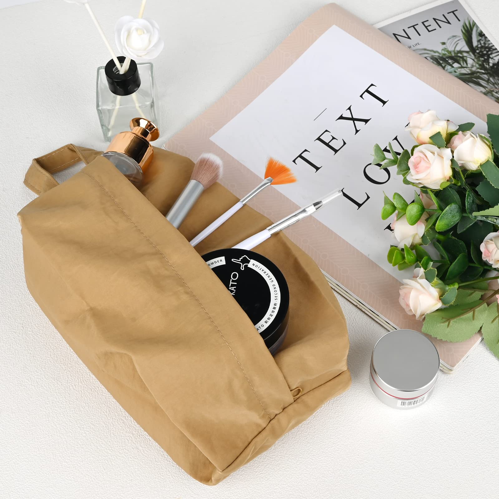 Fycyko Compatibile con borsa per il trucco, semplice tinta unita, in tela, pieghevole, da viaggio, per cosmetici, per donne e ragazze, Marrone, Borsa cosmetica