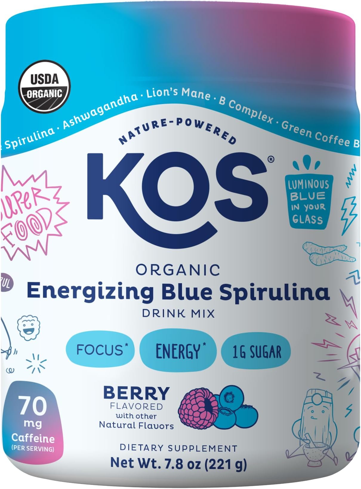 KOS Bolt From The Blue - Organic Energizing Blue Spirulina Adaptogen Blend - Natural Energy Powder - Spirulina, Ashwagandha, Rhodiola, Cordyceps, Lions Mane - Electric Boostberry Flavor - 30 Servings