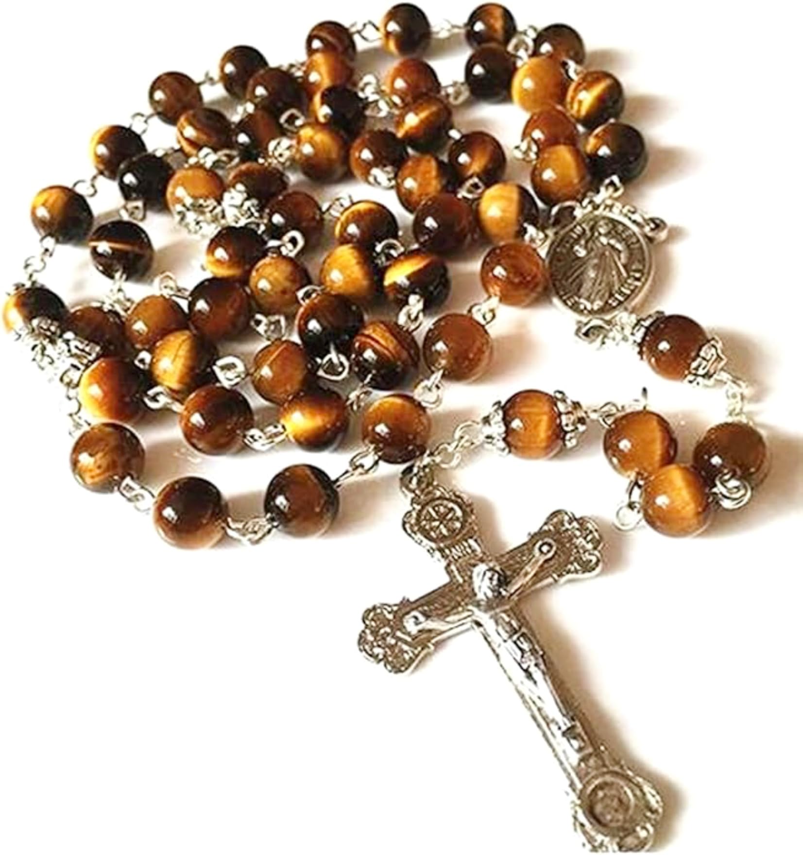 HANDMADE Tiger Eye Rosary Beads Italy Relic Cross CRUCIFIX CATHOLIC NECKLACE GIFT BOX