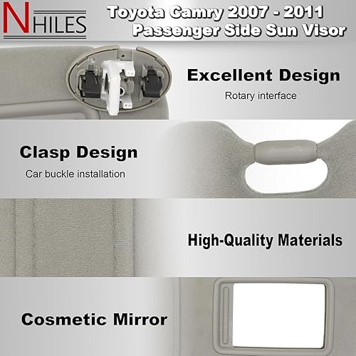 Miniatura 9 de Visera solar izquierda para el lado del conductor sin luz compatible con Toyota Camry 2007 2008 2009 2010 2011 Reemplazo # 74320-06780-E0 Color Beige