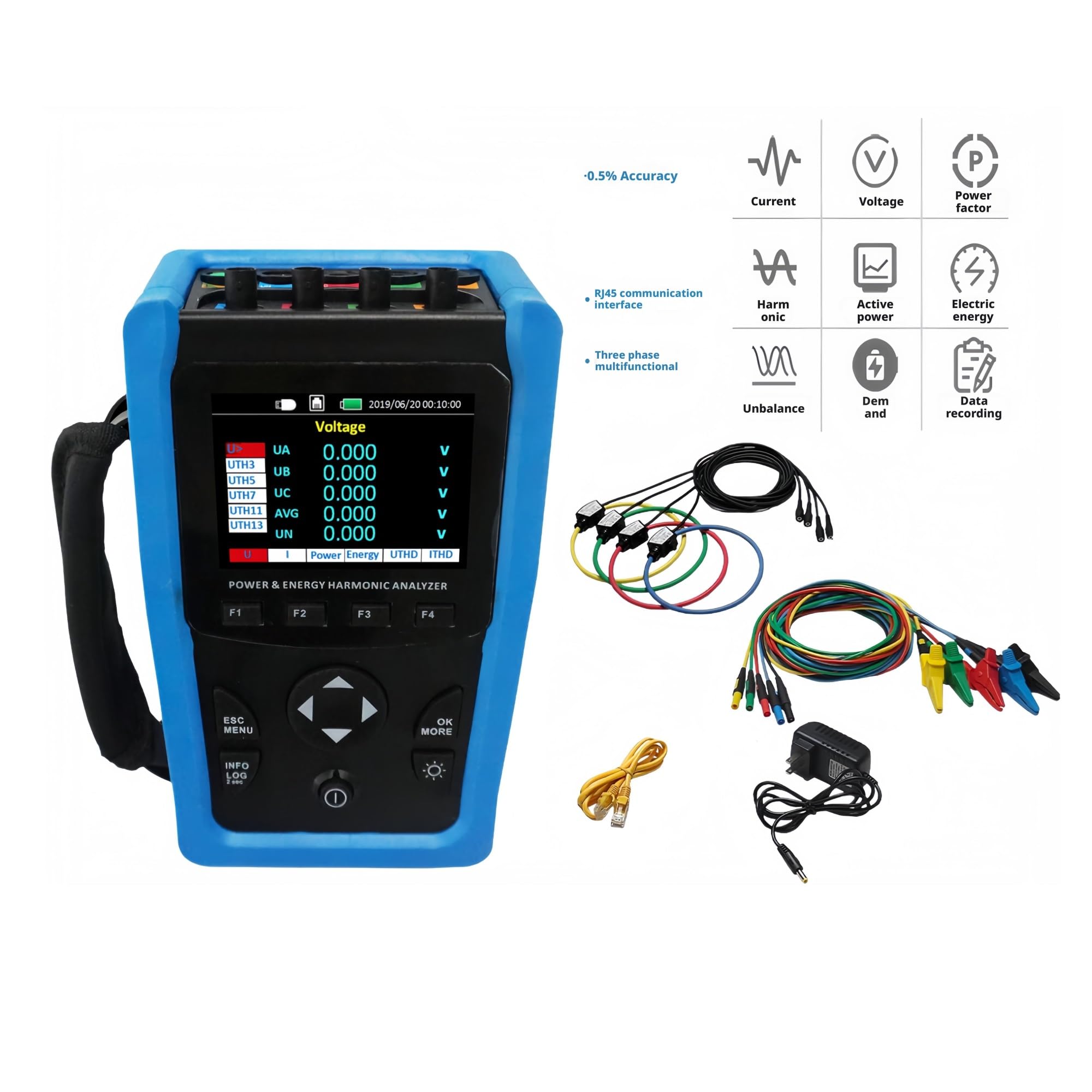 Analizador de Calidad de energía Analizador de Calidad energía ME440 Instrumento Prueba Red eléctrica portátil: Voltaje, Corriente, Potencia, trifásica(Black Waterproof Box)