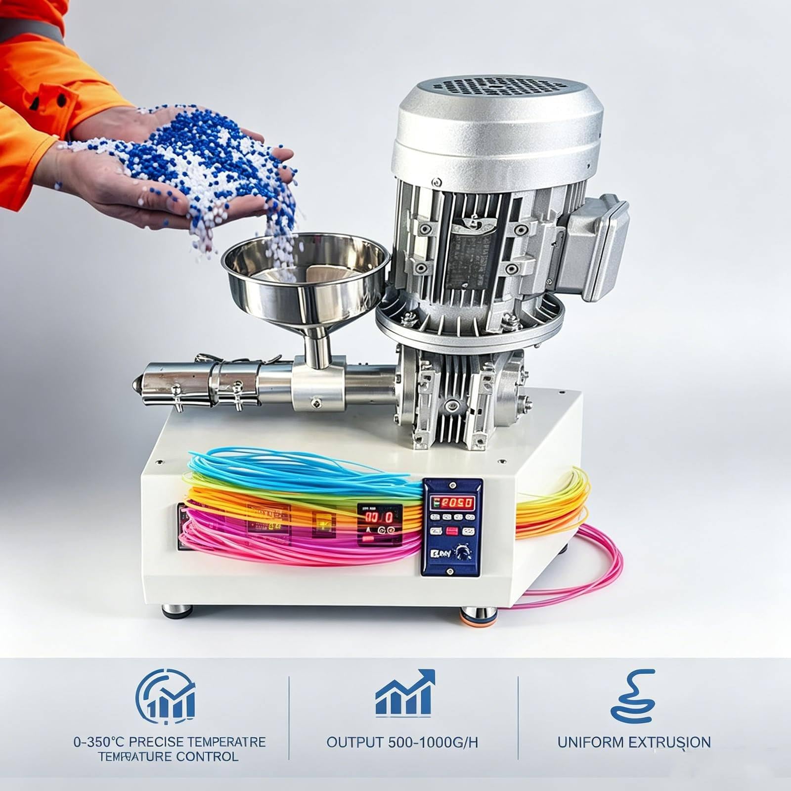 Maszyna Do Produkcji Materiałów Eksploatacyjnych O Mocy 1000W (500–1000g/h), Wytłaczarka 3D Do Granulatu, Sterowanie PID (0–350°C), Do Materiałów Eksploatacyjnych O Grubości 1,75mm/3mm
