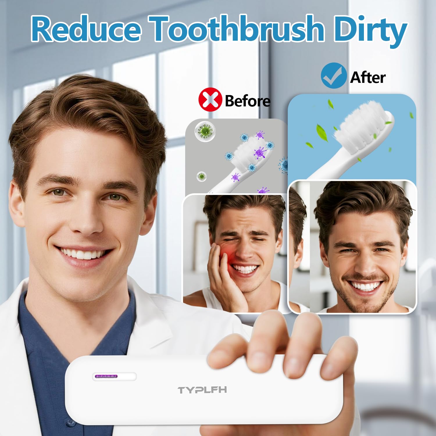 TYPLFH Funda desinfectante para cepillo de dientes, fundas para cepillos de dientes, soporte portátil de viaje para limpieza y almacenamiento, puerto C y carga de baterías AA, filtro de agua de aire