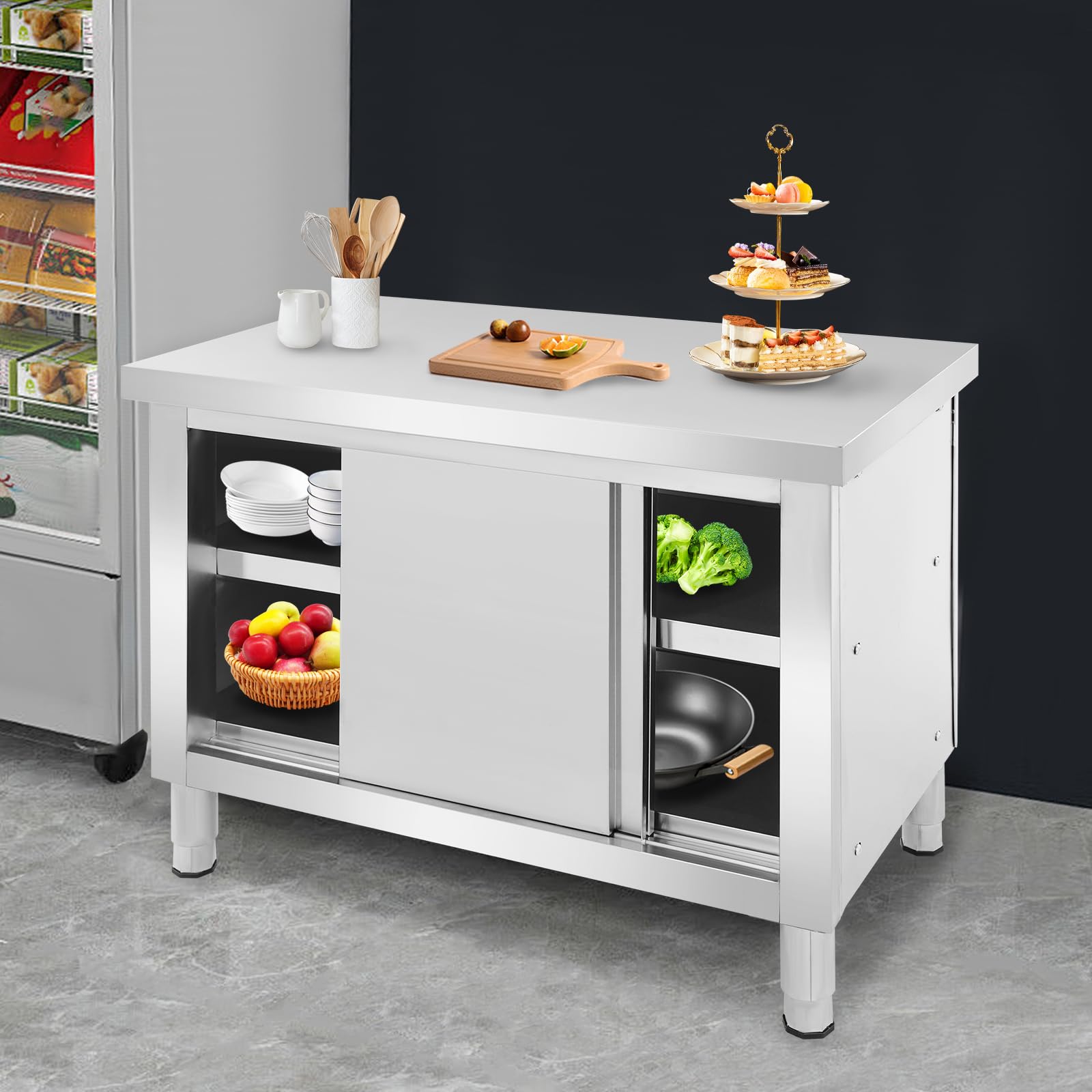 Edelstahl Schrank mit Schiebetüren, Outdoor Küche Edelstahl Tisch Gastro, Freistehender Arbeitsschrank Küchenarbeitstisch für Restaurant, Garage und Küche (100 * 60 * 80cm)