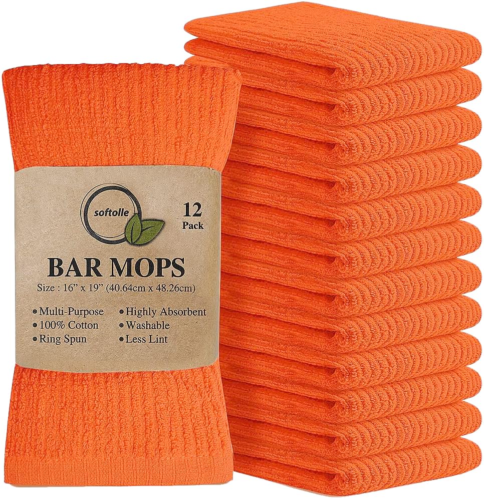 Softolle Bar Mop Towels, Pack of 12-16x19 Inches - 100% Cotton Super Absorbent Towels, Multi-Purpose for Home and Bar Cleaning (Orange)