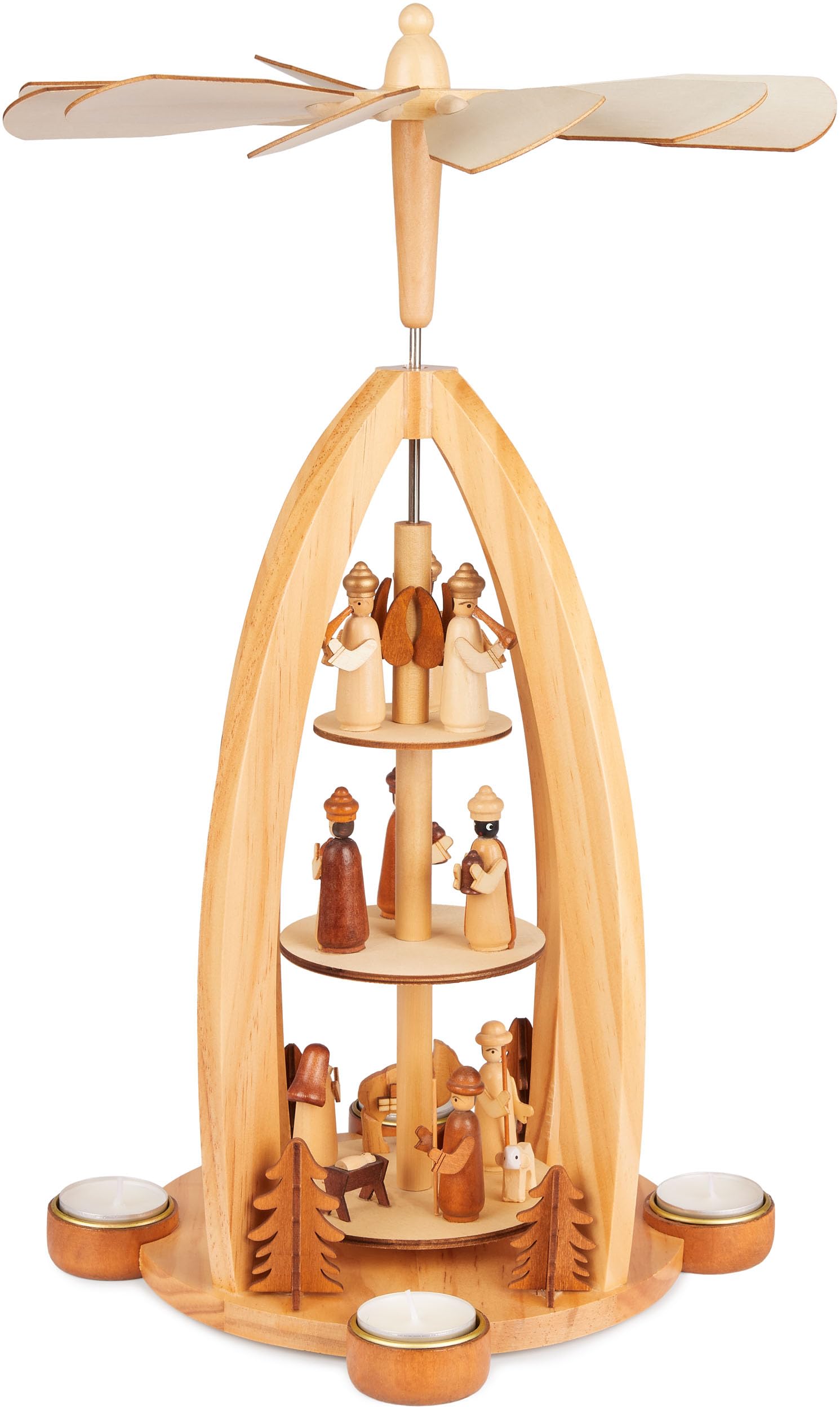 BRUBAKER Pirámide Navideña de Madera - Ángeles, Jesús, María, José y Reyes - Portavelas Redondo de 44 cm con 4 Velas para Navidad - Pintada a Mano con Hermosos Detalles Tradicionales - Marrón