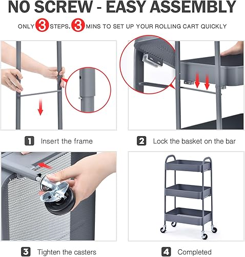 Miniatura 4 de TOOLF Carrito con ruedas de 3 niveles, carrito utilitario de metal sin tornillos, fácil de montar, carrito de almacenamiento resistente con asas y