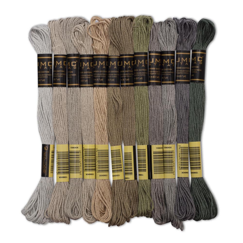 12 Pieces | Premium Embroidery Thread | 100% Egyptian Cotton Premium Skeins | Cross Stitch Embroidery Floss | Oeko TEX Certified Stranded Cotton (Grey Tones)