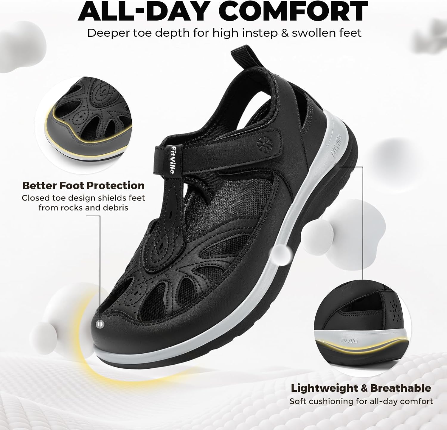 FitVille Extra Wide Womens Orthopedic Walking Sandals with Wide Toe Box, Outdoor Closed Toe Sandals with Adjustable Straps for Women, Arch Support Women's Shoes for Plantar Fasciitis, Swollen Feet
