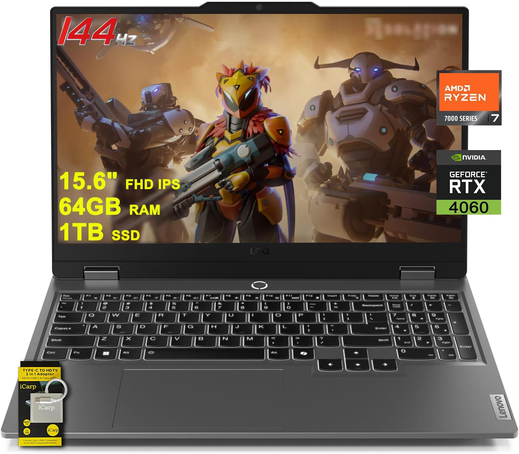 Lenovo LOQ Gaming Laptop 15.6" FHD IPS 144Hz (100% sRGB G-SYNC) AMD Octa-Core Ryzen 7 7435HS (Beats i7-12650H) 64GB RAM 1TB SSD GeForce RTX 4060 Backlit Nahimic Rapid Charge Win11 w/ICP Accessory