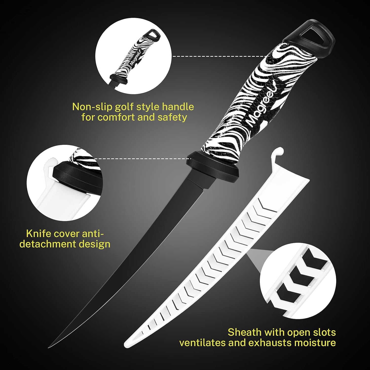 Magreel Fillet Knife, 7inch/9inch Stainless Steel Curved Boning Knife with 1 Two Stage Grindstone Knife Sharpener, Sharp Knife for Fishing Filleting, Ventilated Knife Cover Sheath with Open Slots : Home & Kitchen