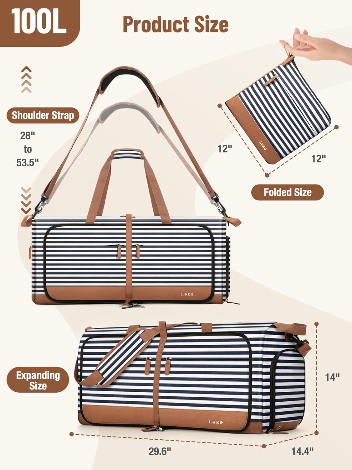 Lekesky Foldable Travel Duffle Bag for Women, 100L Large Duffel Bag with Separate Shoes Compartments & Straps, Carry On Weekend Bag for Women, Hospital, Overnight (Blue Stripes) - Image 3