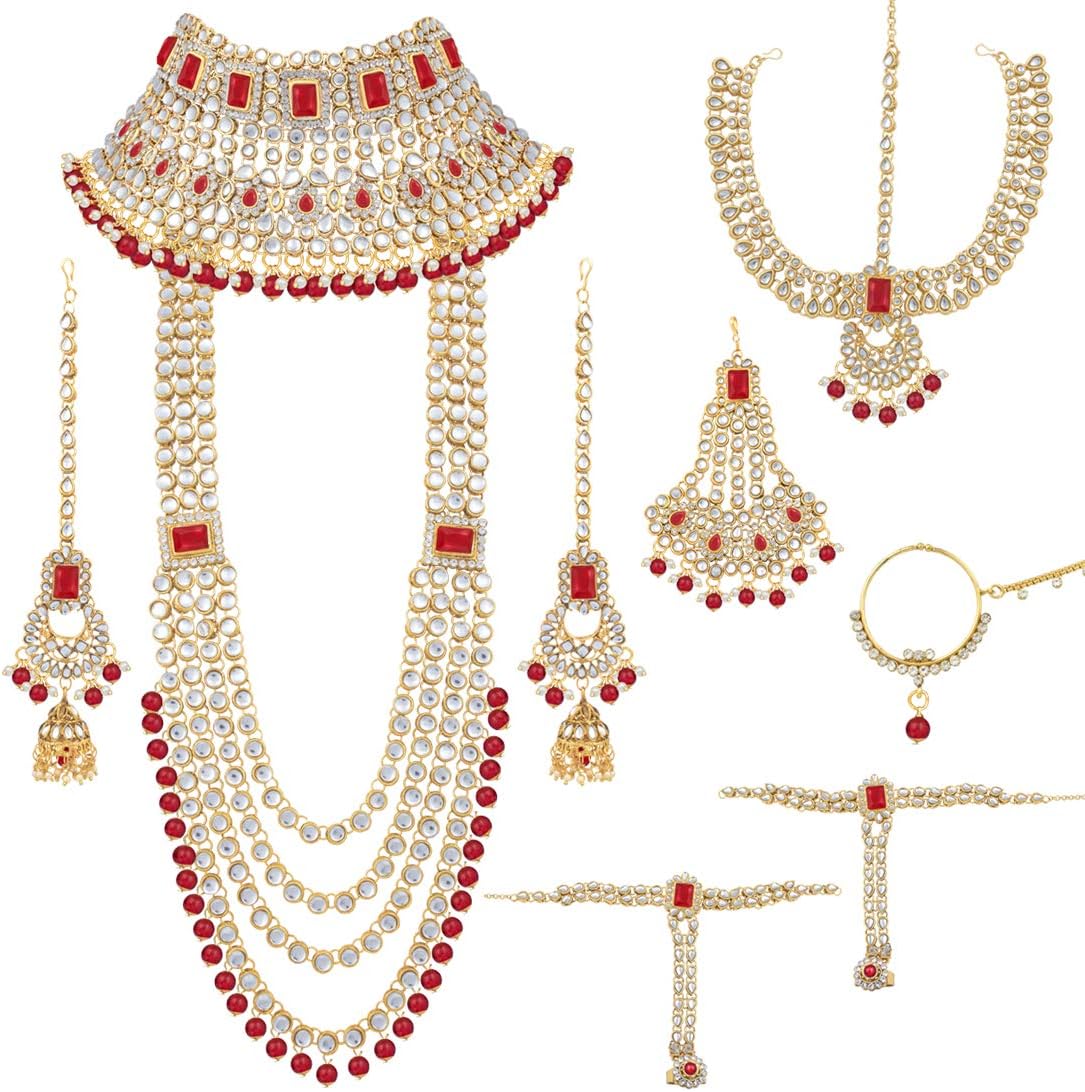 Aheli Traditional Wedding Indian Bharatanatyam jewellery set Long Choker Necklace Earrings Maang Tikka Nath Paasa Hath Phool Gift for Women