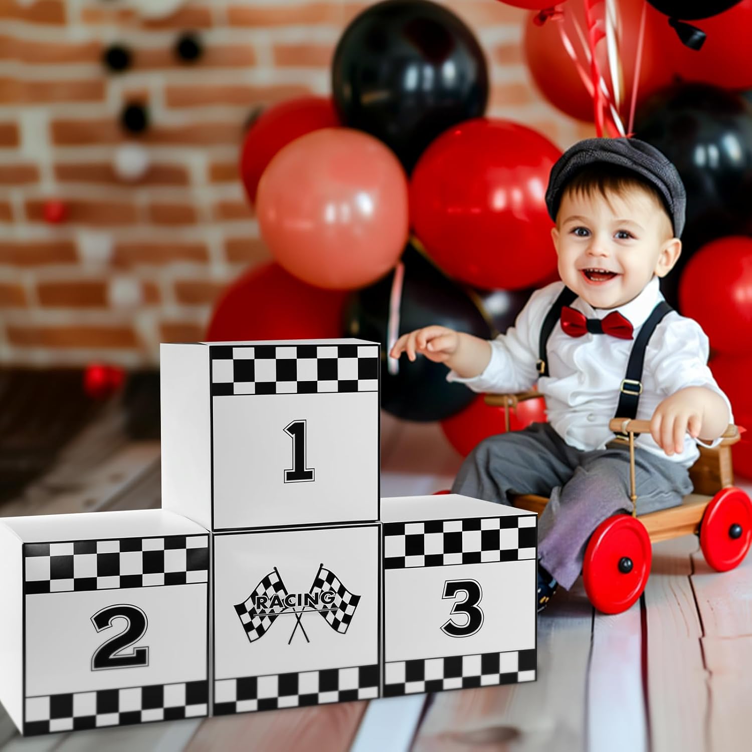 Zhanmai 4 Pcs Large Racing Car Party Boxes 11.8 x 11.8 Inch Goodie Checkered Boxes for Birthday Decor Truck Theme Race Car Podium Centerpiece Decorations Cardboard Party Favors(White)